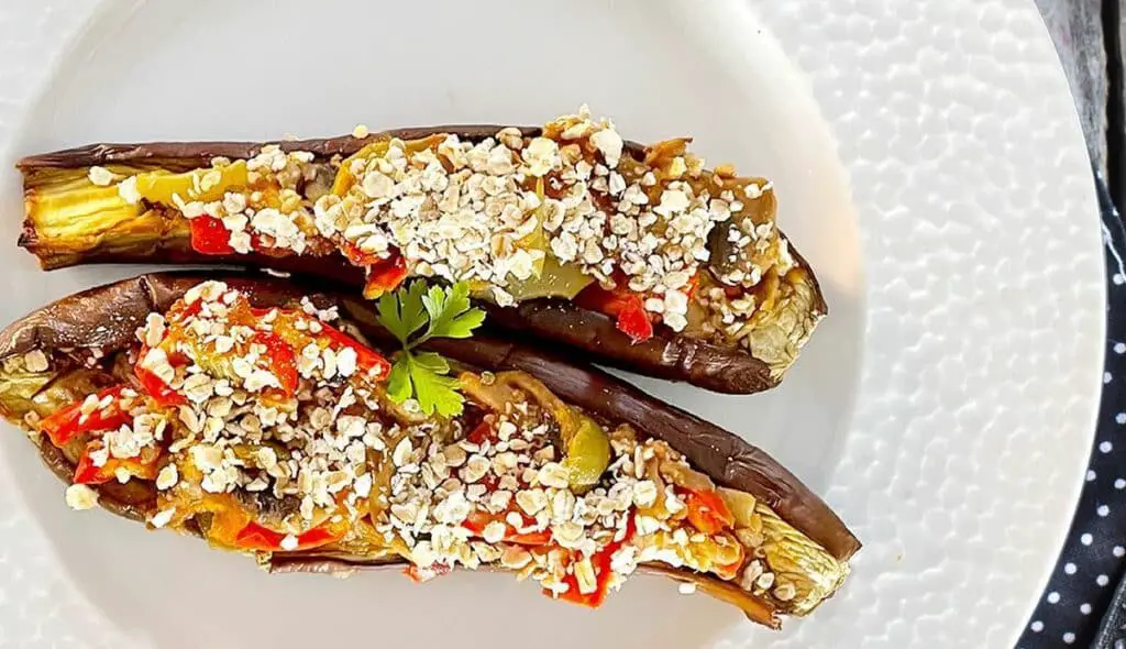 Aubergines farcies aux poivrons et champignons au Thermomix