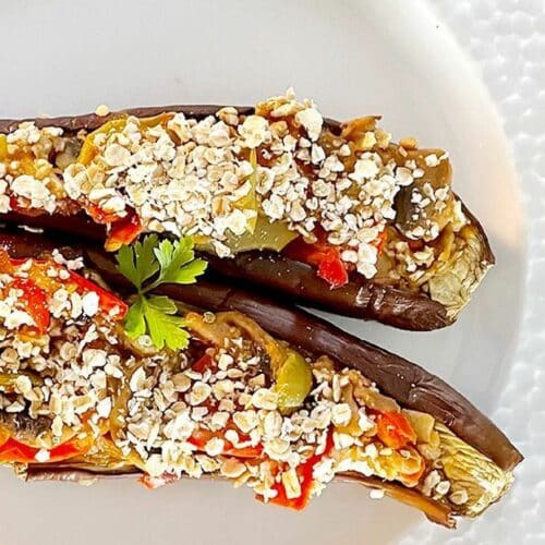 Aubergines farcies aux poivrons et champignons au Thermomix