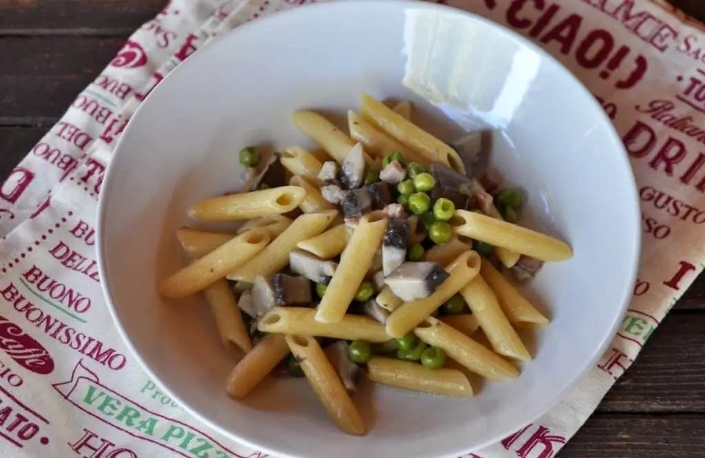 Pâtes au bacon petits pois et champignons au Thermomix