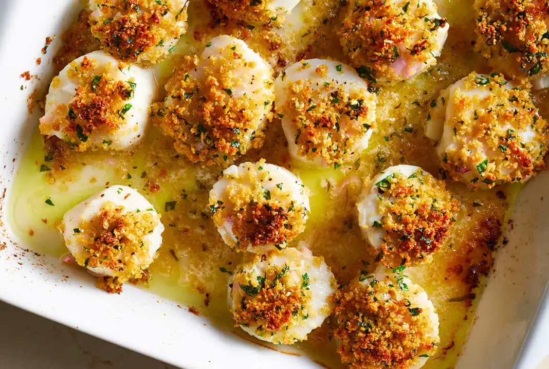 Pétoncles légères au four en croûte de panko et de parmesan Pétoncles légères au four en croûte de panko et de parmesan