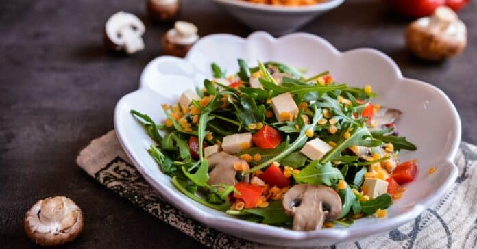 Salade de Roquette Lentilles Rouges Champignons et Tofu Fumé : Fraîcheur Végétarienne