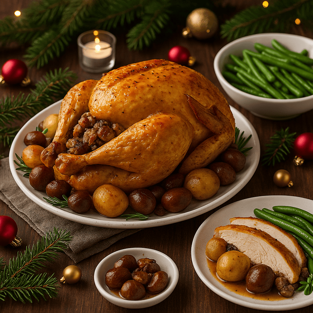 Recette de chapon de Noël rôti aux marrons et aux herbes, parfait pour un repas festif.